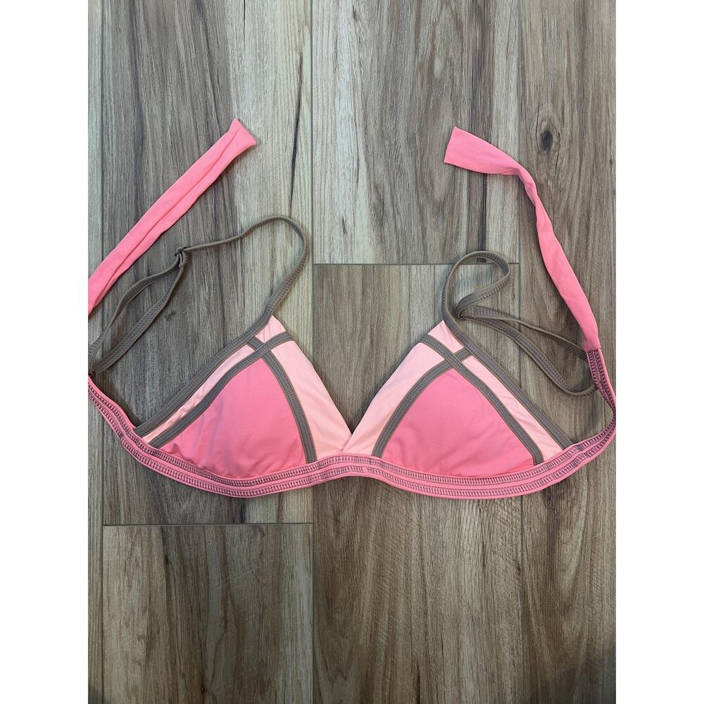 Maaji Bikini‎ Top Womens Large Pink Coral Gray Triangle Halter Reversible Swim